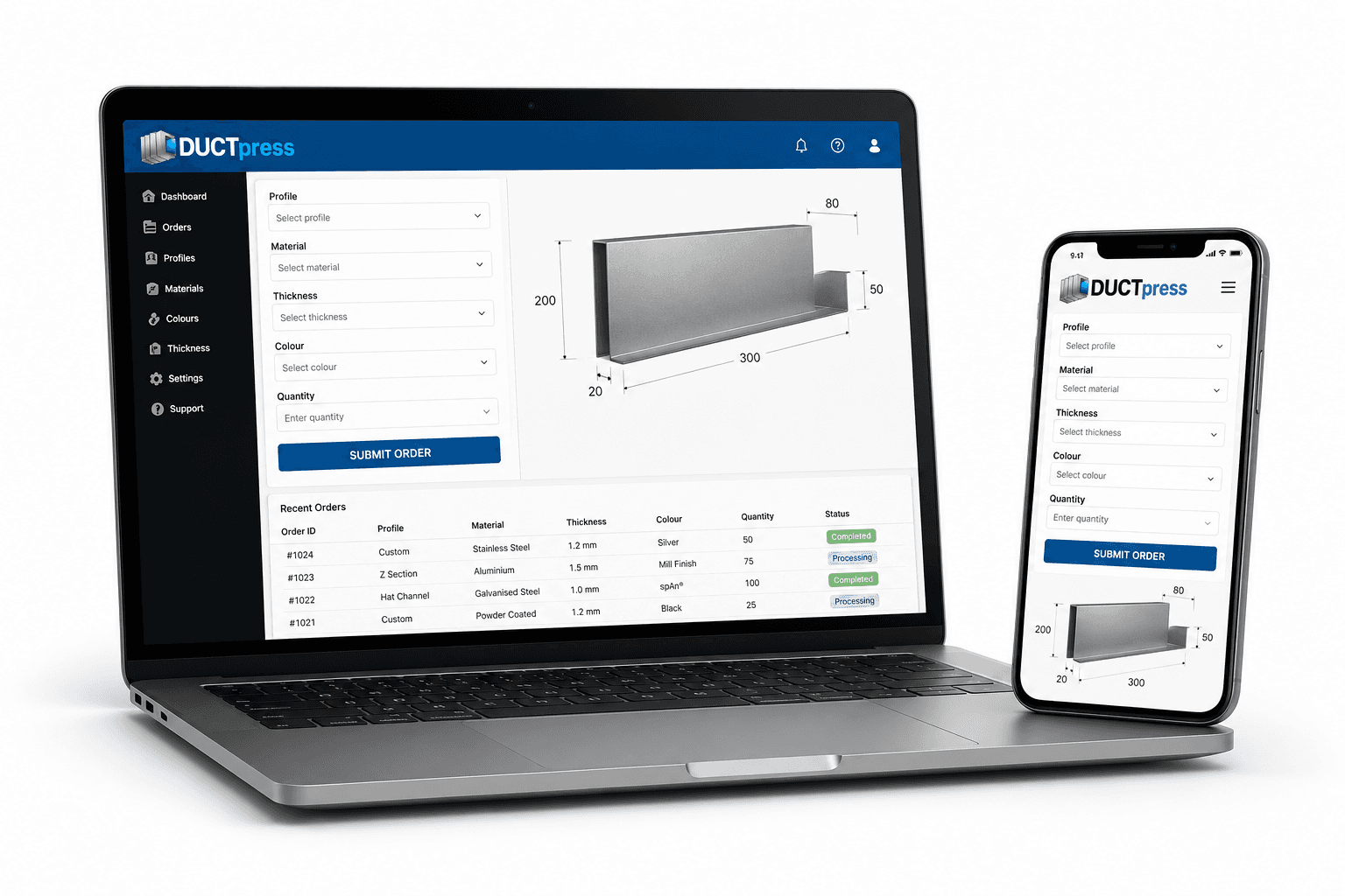 DUCTpress dashboard on a MacBook and iPhone — order flashings from PC or phone